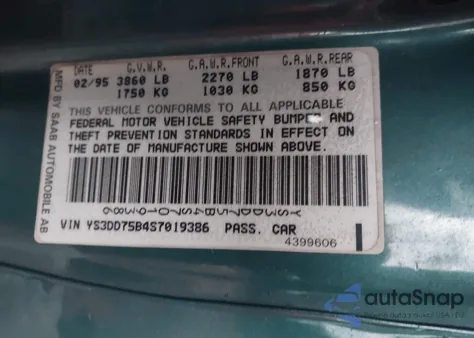 1995 Saab 900 S z USA, uszkodzony, nr VIN YS3DD75B4S7019386